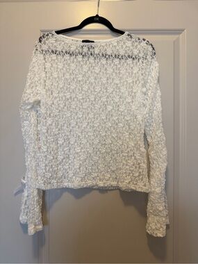 ASOS Textured White Long Sleeve Sheer Knit Top Bow Cutout